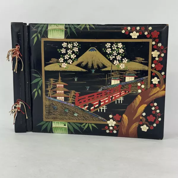 Vtg Hand Painted Japanese Lacquer Cover Photograph Album Landscape Scene