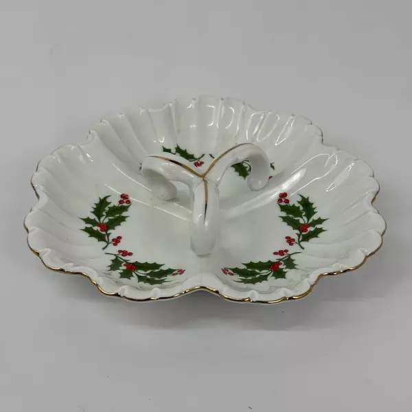 3-Section Divided Holly & Berry Relish Dish With Handle