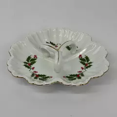 3-Section Divided Holly & Berry Relish Dish With Handle
