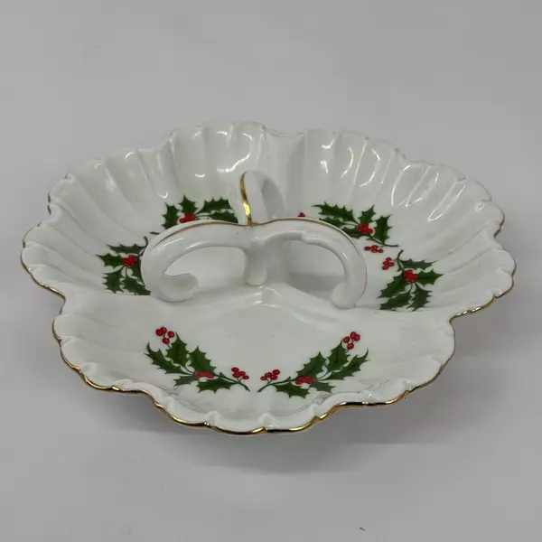 3-Section Divided Holly & Berry Relish Dish With Handle