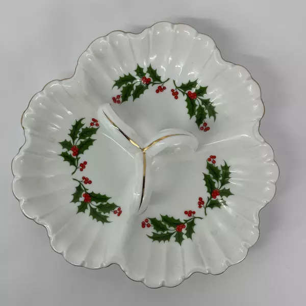 3-Section Divided Holly & Berry Relish Dish With Handle