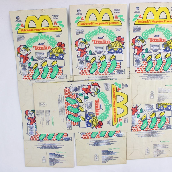 Lot of 7 Christmas 1992 McDonald's Cabbage Patch Kids and Tonka Happy Meal Bags