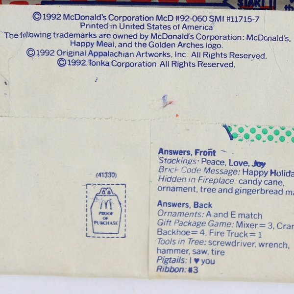 Lot of 7 Christmas 1992 McDonald's Cabbage Patch Kids and Tonka Happy Meal Bags