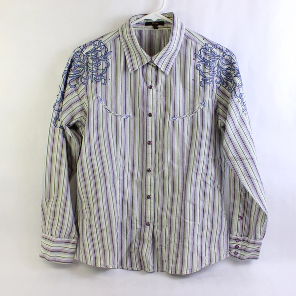 Reba Embroidered Green and Purple Striped Snap Button Shirt Women's Medium