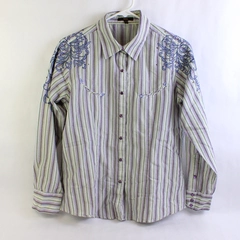 Reba Embroidered Green and Purple Striped Snap Button Shirt Women's Medium