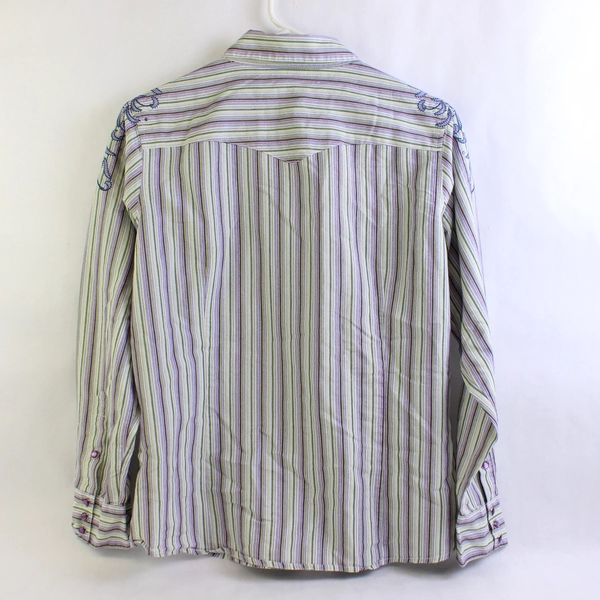 Reba Embroidered Green and Purple Striped Snap Button Shirt Women's Medium