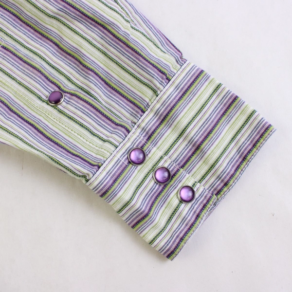 Reba Embroidered Green and Purple Striped Snap Button Shirt Women's Medium
