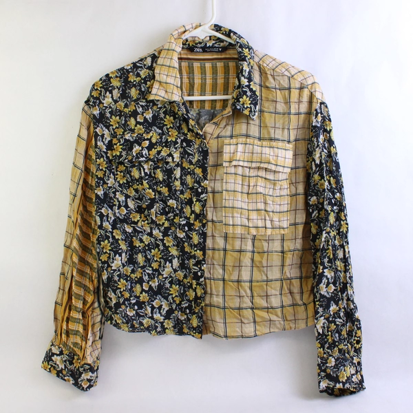 Zara Yellow and Black Plaid/Floral Cropped Button-Up Women's Size Small