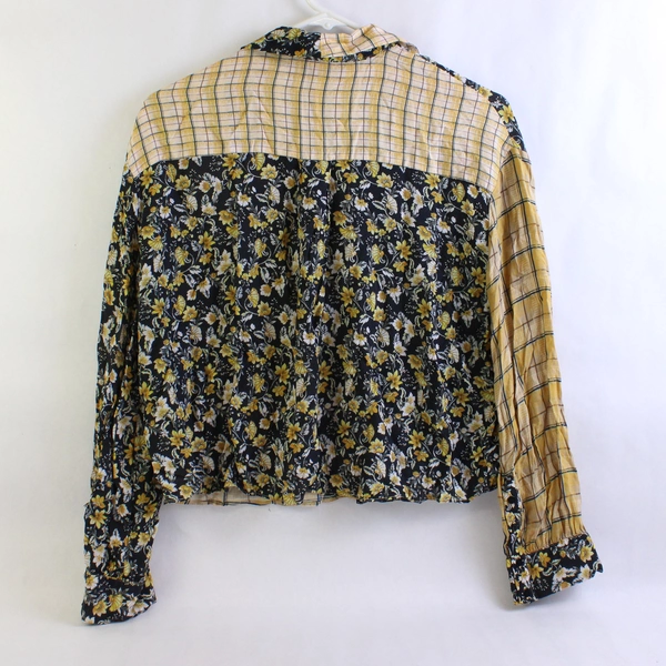 Zara Yellow and Black Plaid/Floral Cropped Button-Up Women's Size Small