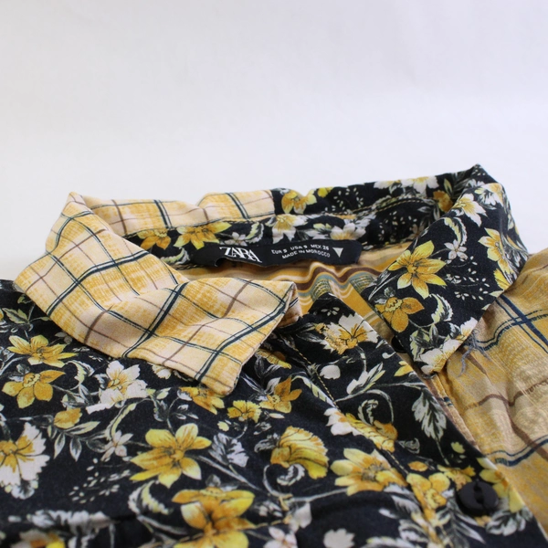 Zara Yellow and Black Plaid/Floral Cropped Button-Up Women's Size Small