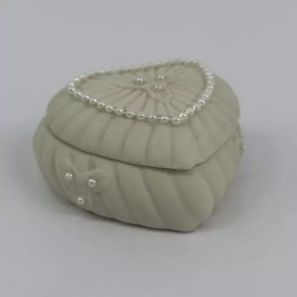 Heart Shaped Trinket Box Adorned With Pearls And Embossed w/ Holly Sprig