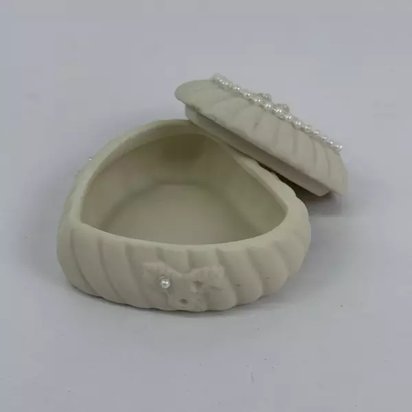 Heart Shaped Trinket Box Adorned With Pearls And Embossed w/ Holly Sprig