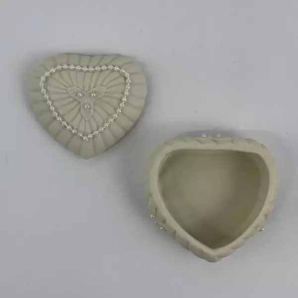 Heart Shaped Trinket Box Adorned With Pearls And Embossed w/ Holly Sprig