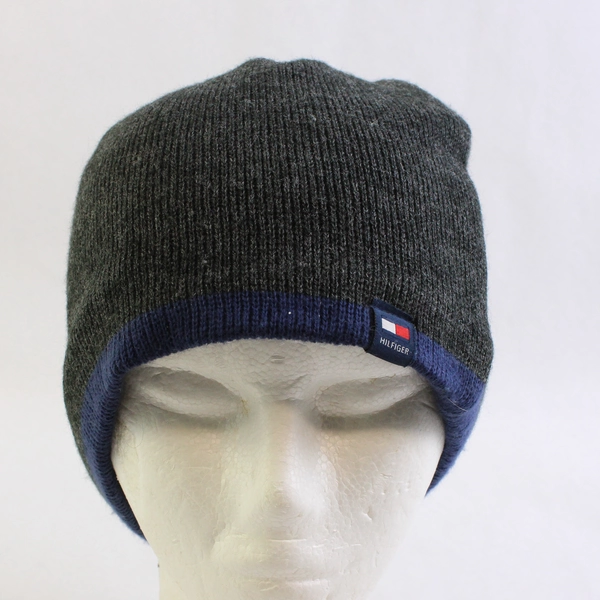Tommy Hilfiger Gray and Blue Acrylic Knit Beanie Adult One Size