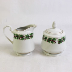 Lot Of 2 Sango Christmas Holly Pattern Creamer & Sugar Bowl W/ Lid Gold Trim