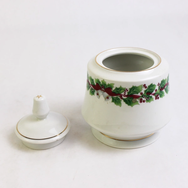 Lot Of 2 Sango Christmas Holly Pattern Creamer & Sugar Bowl W/ Lid Gold Trim