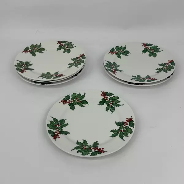 6 Vintage Hallmark Christmas Holly Pattern Salad Plates 7.5 Inch