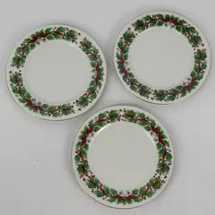 Lot Of 3 Sango Christmas Holly Pattern Salad Plates Gold Trim 7.5" Diameter