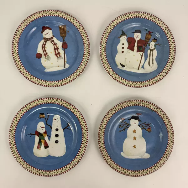 Four 1988 Sakura Debbie Mumm Snowman Christmas Salad Dessert Plates 8 1/4"