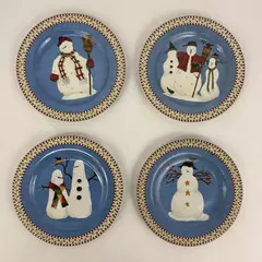 Four 1988 Sakura Debbie Mumm Snowman Christmas Salad Dessert Plates 8 1/4"