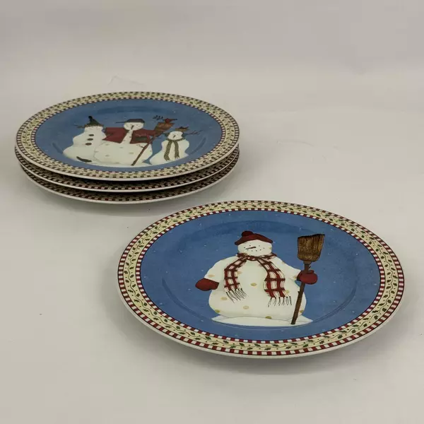 Four 1988 Sakura Debbie Mumm Snowman Christmas Salad Dessert Plates 8 1/4"