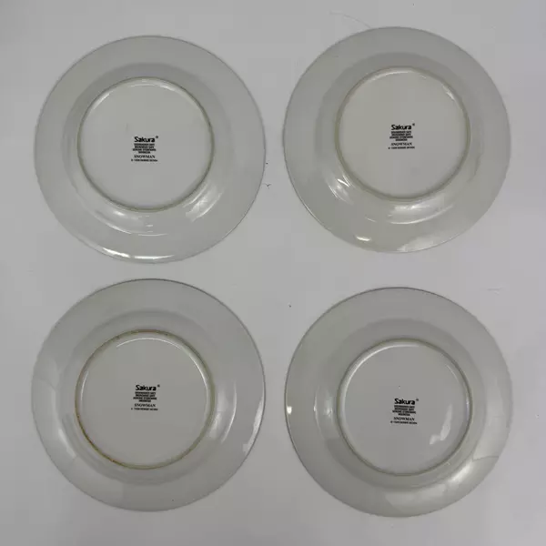Four 1988 Sakura Debbie Mumm Snowman Christmas Salad Dessert Plates 8 1/4"