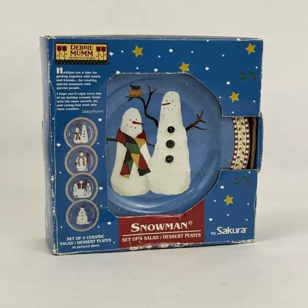 Four 1988 Sakura Debbie Mumm Snowman Christmas Salad Dessert Plates 8 1/4"