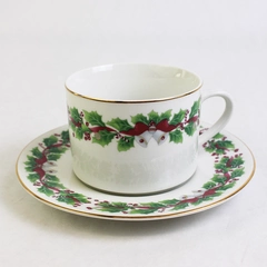 Lot Of 2 Sango Christmas Holly Pattern Flat Cup & Saucer Plate Set Gold Trim