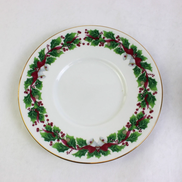 Lot Of 2 Sango Christmas Holly Pattern Flat Cup & Saucer Plate Set Gold Trim