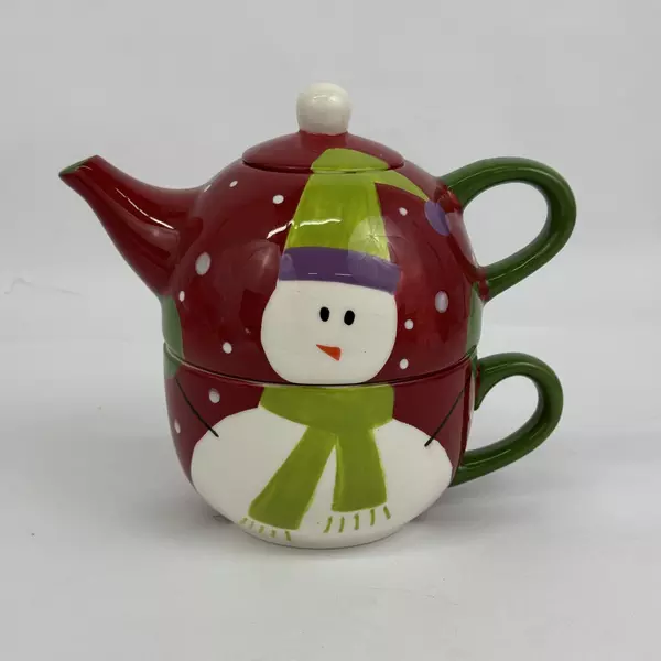 Pier 1 Imports Snowball Snowman Tea For One 3 Piece Stackable Teapot Lid Cup Set