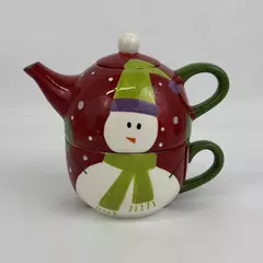 Pier 1 Imports Snowball Snowman Tea For One 3 Piece Stackable Teapot Lid Cup Set