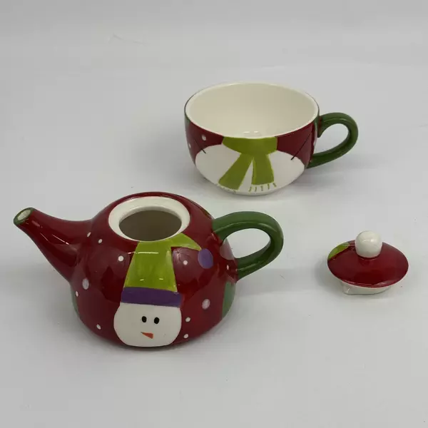 Pier 1 Imports Snowball Snowman Tea For One 3 Piece Stackable Teapot Lid Cup Set