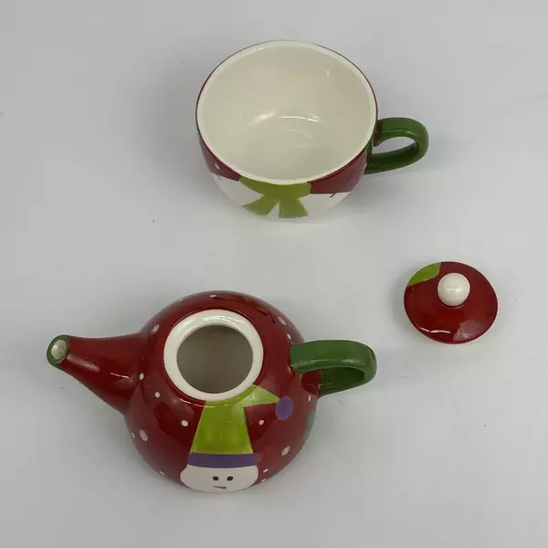 Pier 1 Imports Snowball Snowman Tea For One 3 Piece Stackable Teapot Lid Cup Set