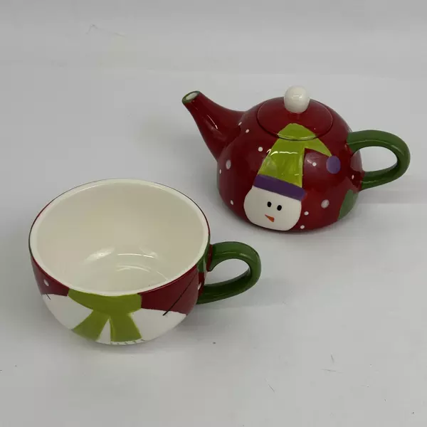 Pier 1 Imports Snowball Snowman Tea For One 3 Piece Stackable Teapot Lid Cup Set