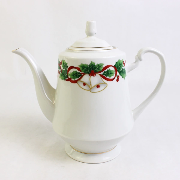 Sango Noel 1990 Christmas Pattern Coffee/Tea Pot W/ Lid Gold Trim 8.5" Tall