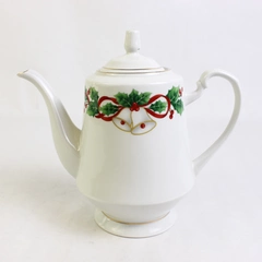 Sango Noel 1990 Christmas Pattern Coffee/Tea Pot W/ Lid Gold Trim 8.5" Tall