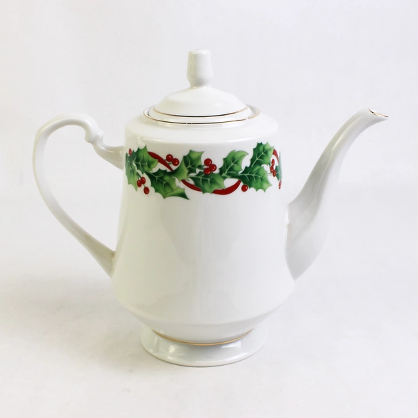 Sango Noel 1990 Christmas Pattern Coffee/Tea Pot W/ Lid Gold Trim 8.5" Tall