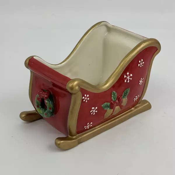 Fitz And Floyd Festive Bells Ceramic Christmas Sleigh Planter or Candy Dish
