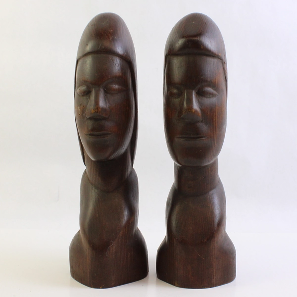 Pair of Signed Hand-Carved Man and Woman Wooden Bust Figures 12"