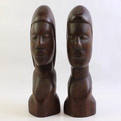 Pair of Signed Hand-Carved Man and Woman Wooden Bust Figures 12"