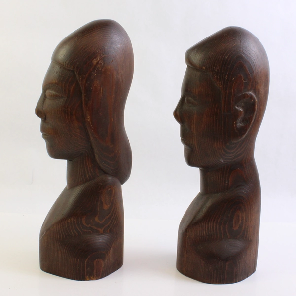 Pair of Signed Hand-Carved Man and Woman Wooden Bust Figures 12"