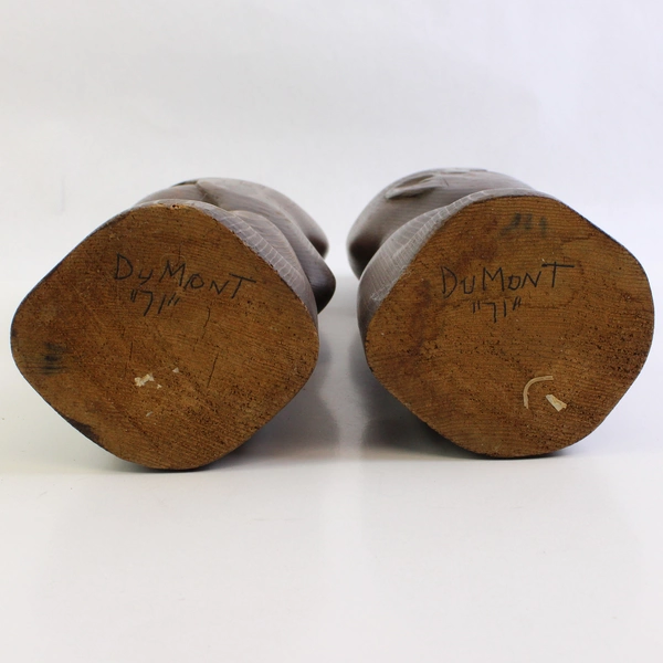 Pair of Signed Hand-Carved Man and Woman Wooden Bust Figures 12"