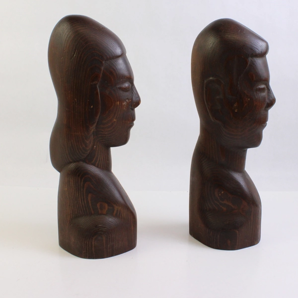 Pair of Signed Hand-Carved Man and Woman Wooden Bust Figures 12"