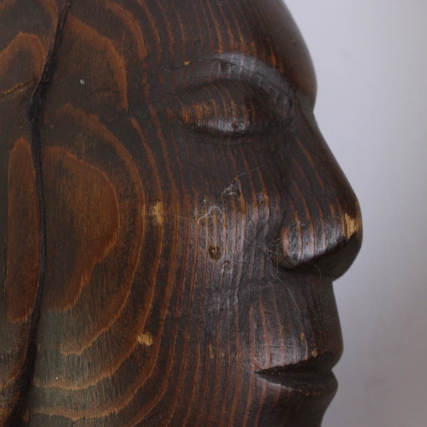 Pair of Signed Hand-Carved Man and Woman Wooden Bust Figures 12"