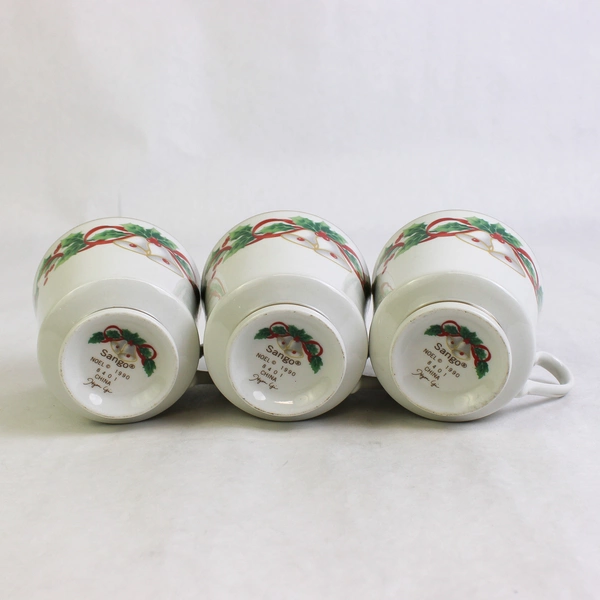 Lot Of 3 Sango Noel 1990 Christmas Pattern Footed Cups Gold Trim 8.5" Tall