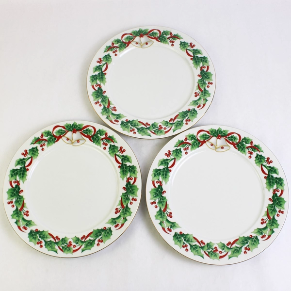 Lot Of 3 Sango Noel 1990 Christmas Pattern Dinner Plates Gold Trim 10.75" Dia