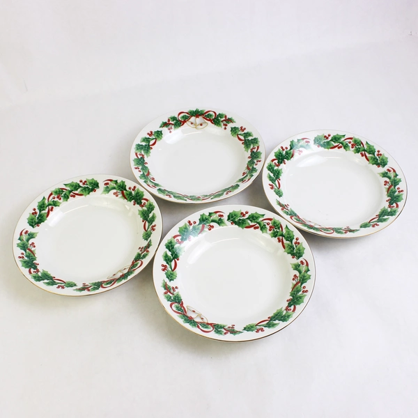 Lot Of 4 Sango Noel 1990 Christmas Pattern Rim Soup Bowl Gold Trim 8" Tall