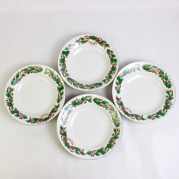 Lot Of 4 Sango Noel 1990 Christmas Pattern Rim Soup Bowl Gold Trim 8" Tall