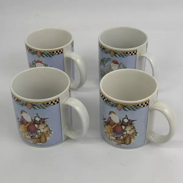Set of Four 2001 Sakura Debbie Mumm Woodland Santa Coffee Mugs