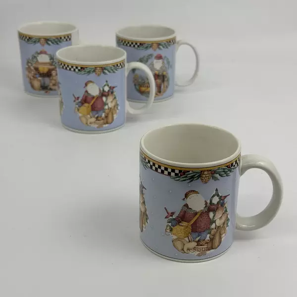 Set of Four 2001 Sakura Debbie Mumm Woodland Santa Coffee Mugs